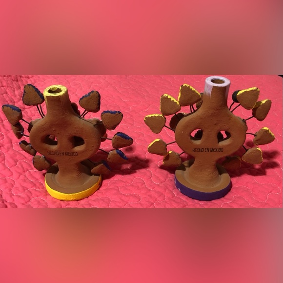 Vintage 5” Mexican Tree of Life Folk Art Pottery Candle Holders (2) - Picture 2 of 4